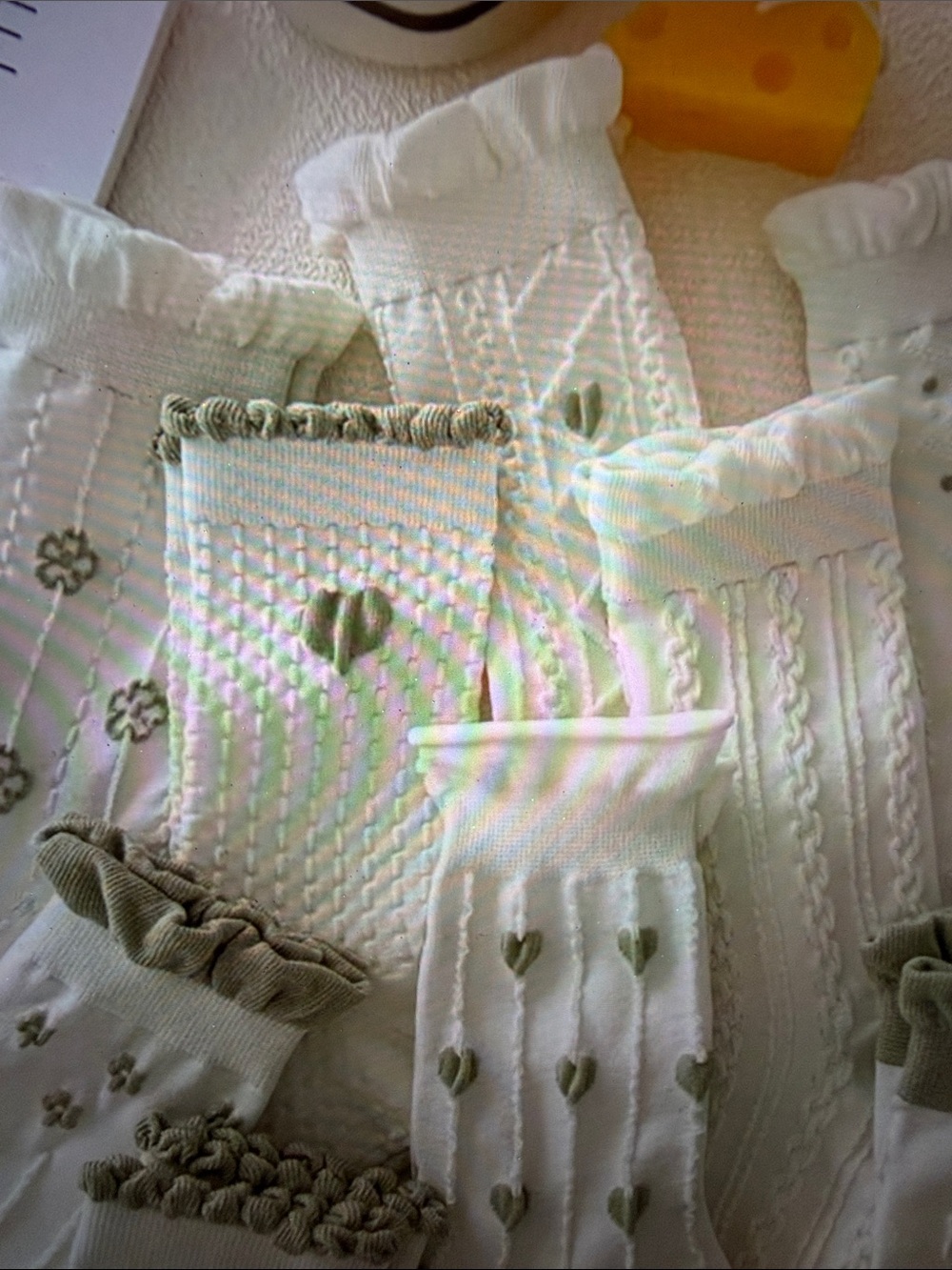 Cream & Olive Heart Patterned Baby Socks - 3 pairs Set